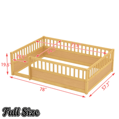 Bellemave® Full Floor Bed with high Rails for Kids, Girls, Boys, Wood Montessori Floor Bed Without Door, Natural - Bellemave