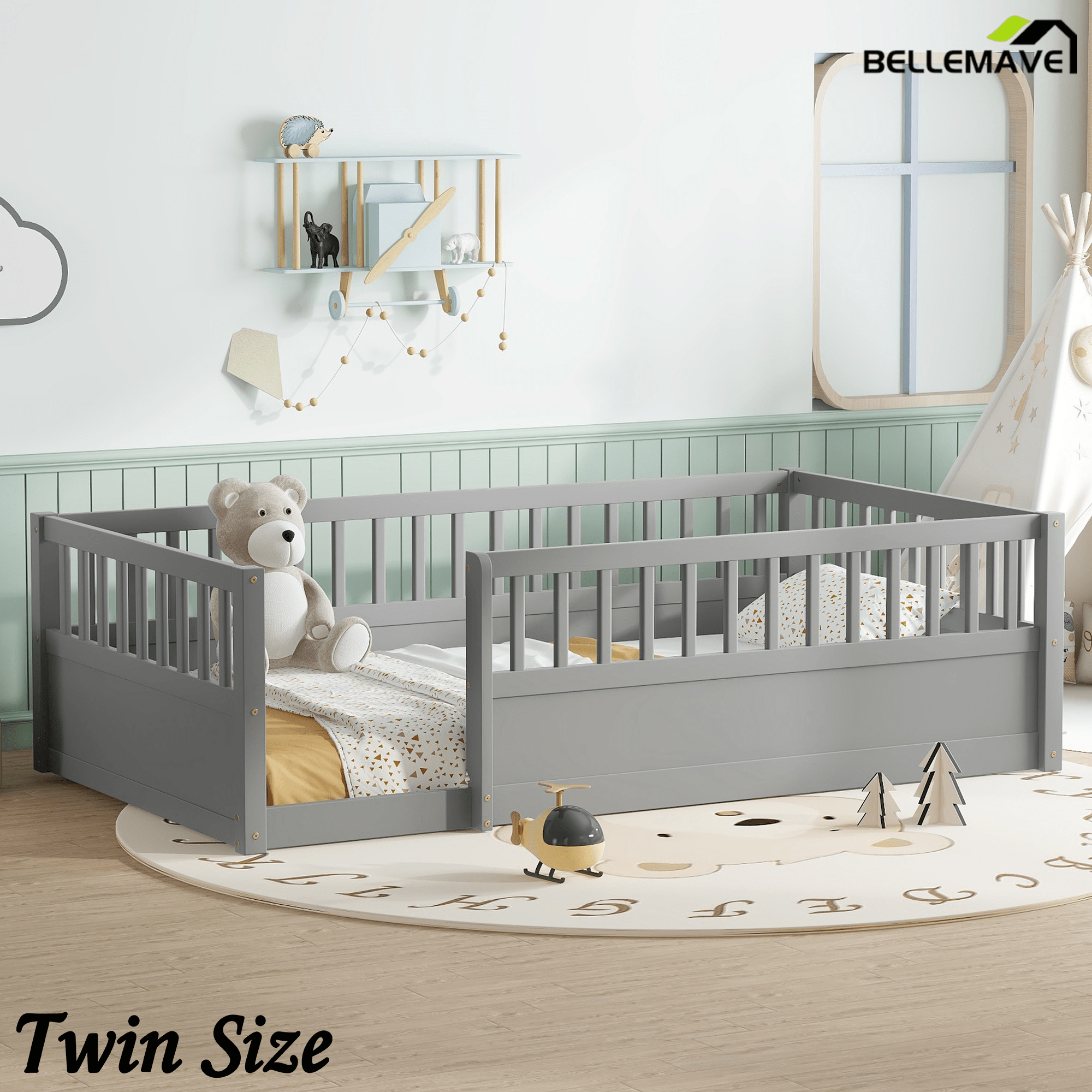 Bellemave® Full Floor Bed with high Rails for Kids, Girls, Boys, Wood Montessori Floor Bed Without Door, Natural - Bellemave