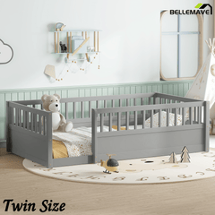 Bellemave® Full Floor Bed with high Rails for Kids, Girls, Boys, Wood Montessori Floor Bed Without Door, Natural - Bellemave