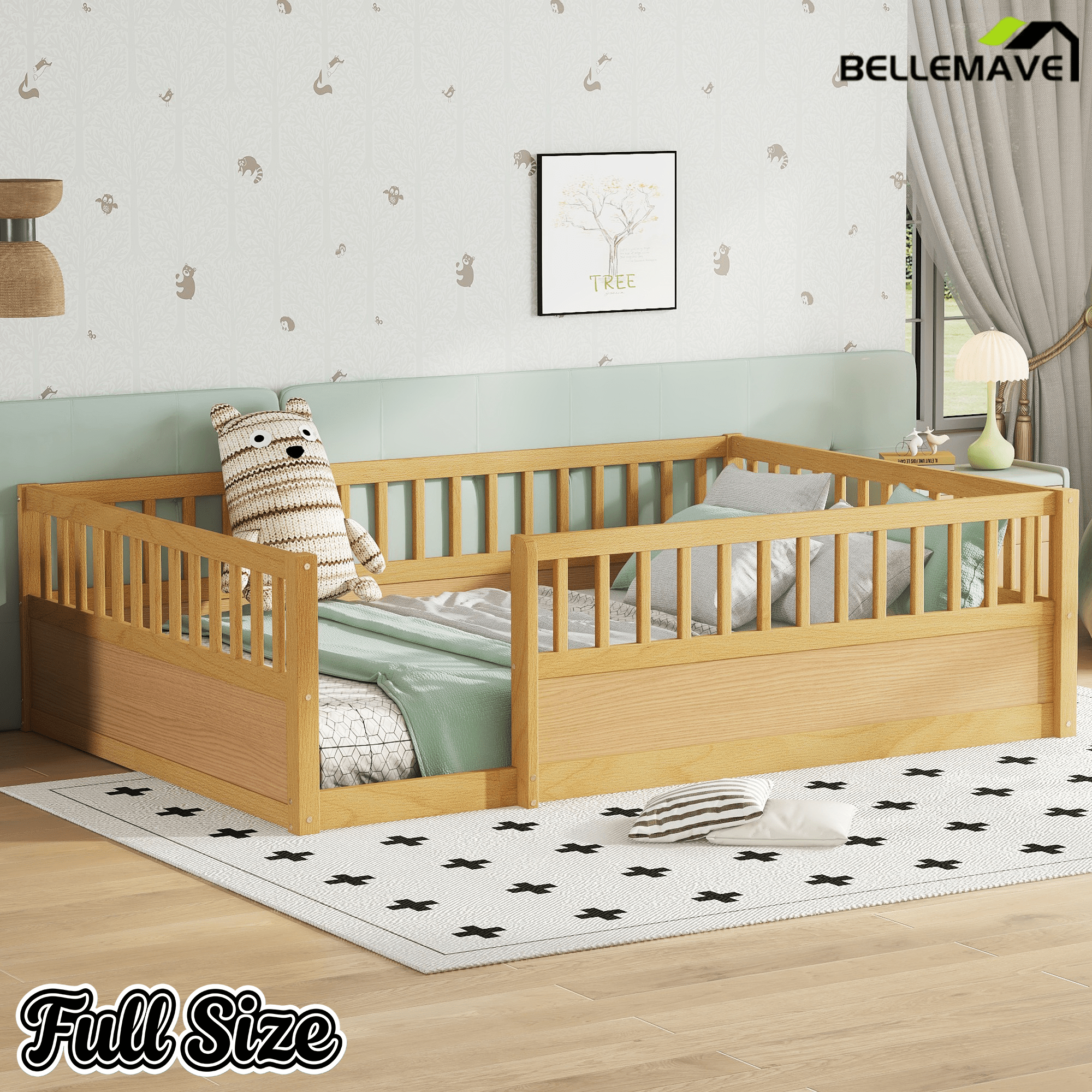 Bellemave® Full Floor Bed with high Rails for Kids, Girls, Boys, Wood Montessori Floor Bed Without Door, Natural - Bellemave