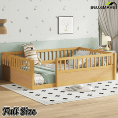 Bellemave® Full Floor Bed with high Rails for Kids, Girls, Boys, Wood Montessori Floor Bed Without Door, Natural - Bellemave