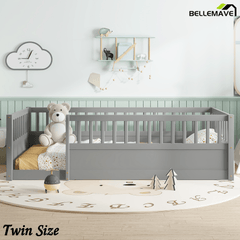 Bellemave® Full Floor Bed with high Rails for Kids, Girls, Boys, Wood Montessori Floor Bed Without Door, Natural - Bellemave