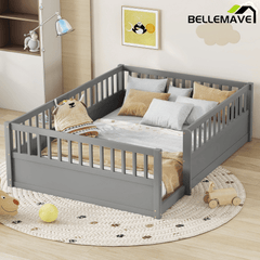 Bellemave® Full Floor Bed with high Rails for Kids, Girls, Boys, Wood Montessori Floor Bed Without Door, Natural - Bellemave