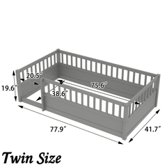 Bellemave® Full Floor Bed with high Rails for Kids, Girls, Boys, Wood Montessori Floor Bed Without Door, Natural - Bellemave