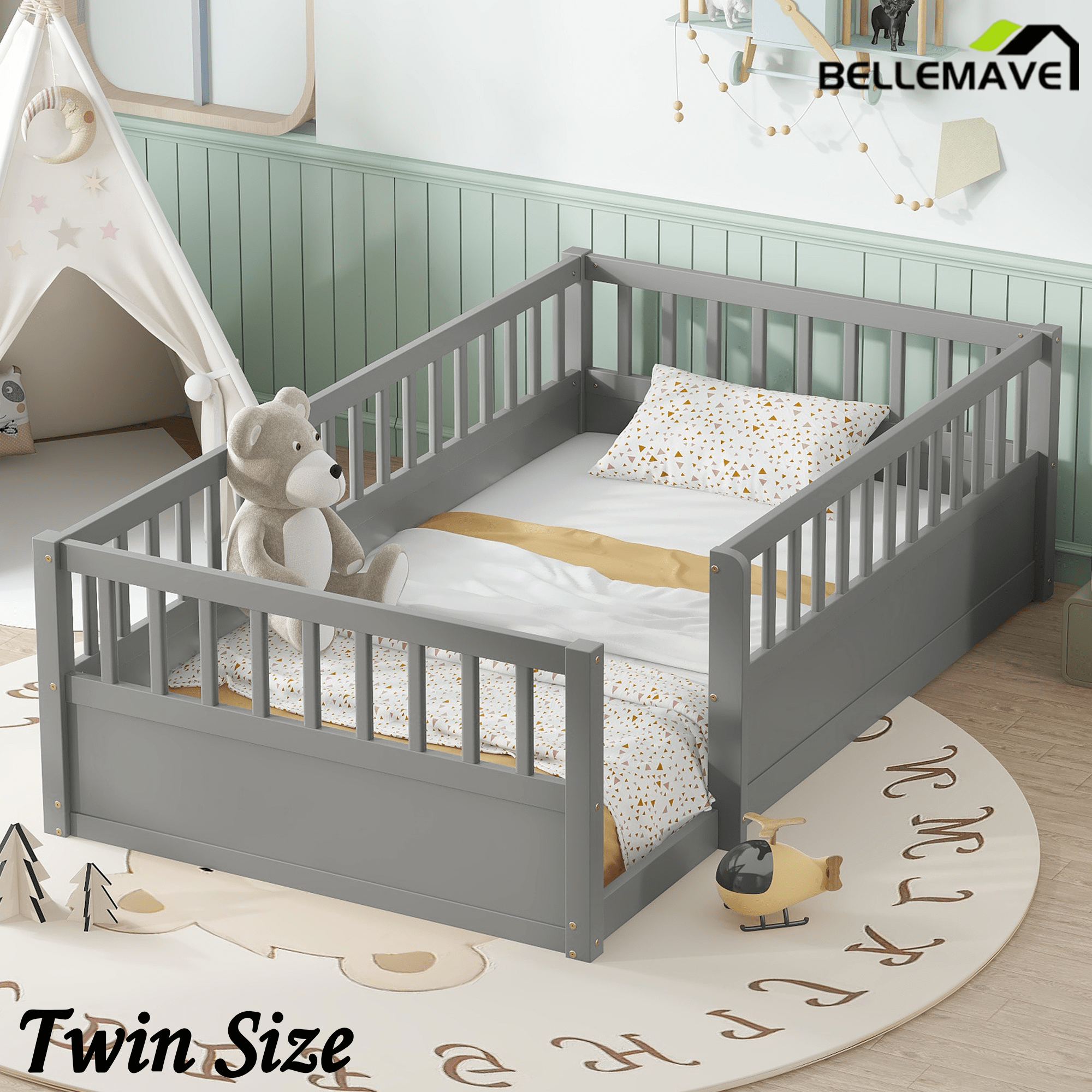 Bellemave® Full Floor Bed with high Rails for Kids, Girls, Boys, Wood Montessori Floor Bed Without Door, Natural - Bellemave