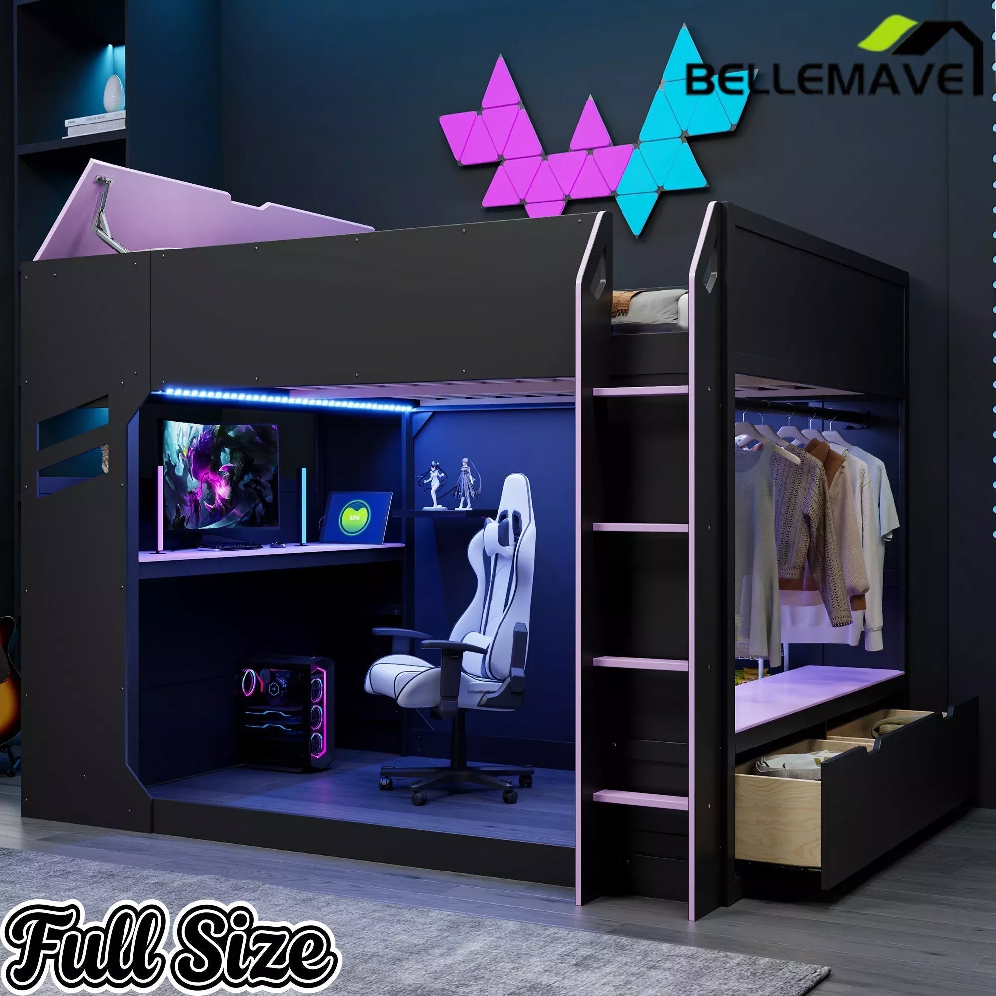 Bellemave® Full Gaming Loft Bed with Desk, Storage Drawers & LED Lights RGB, Wood Gaming Loft Bed with Storage Shelves & Ladder for Teens, Adults - Bellemave