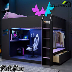 Bellemave® Full Gaming Loft Bed with Desk, Storage Drawers & LED Lights RGB, Wood Gaming Loft Bed with Storage Shelves & Ladder for Teens, Adults - Bellemave