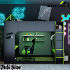Bellemave® Full Gaming Loft Bed with Desk, Storage Drawers & LED Lights RGB, Wood Gaming Loft Bed with Storage Shelves & Ladder for Teens, Adults - Bellemave