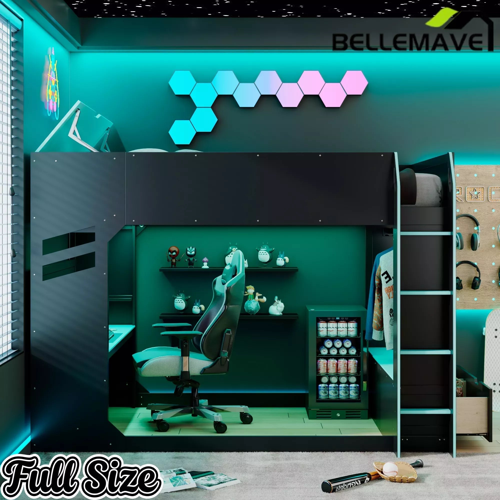 Bellemave® Full Gaming Loft Bed with Desk, Storage Drawers & LED Lights RGB, Wood Gaming Loft Bed with Storage Shelves & Ladder for Teens, Adults - Bellemave