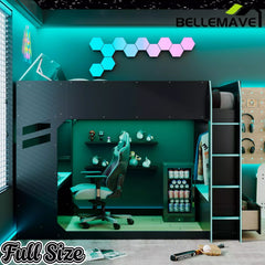 Bellemave® Full Gaming Loft Bed with Desk, Storage Drawers & LED Lights RGB, Wood Gaming Loft Bed with Storage Shelves & Ladder for Teens, Adults - Bellemave