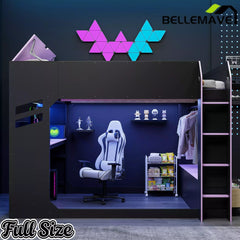 Bellemave® Full Gaming Loft Bed with Desk, Storage Drawers & LED Lights RGB, Wood Gaming Loft Bed with Storage Shelves & Ladder for Teens, Adults - Bellemave