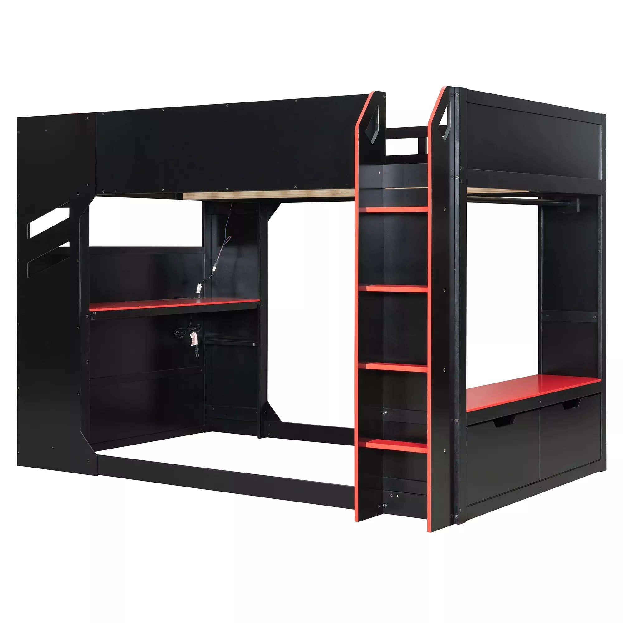Bellemave® Full Gaming Loft Bed with Desk, Storage Drawers & LED Lights RGB, Wood Gaming Loft Bed with Storage Shelves & Ladder for Teens, Adults - Bellemave