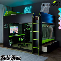 Bellemave® Full Gaming Loft Bed with Desk, Storage Drawers & LED Lights RGB, Wood Gaming Loft Bed with Storage Shelves & Ladder for Teens, Adults - Bellemave