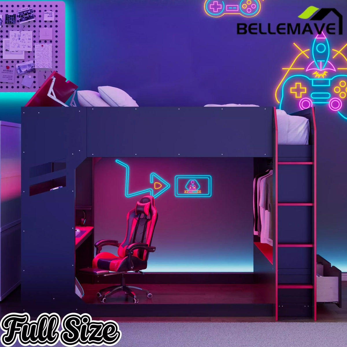 Bellemave® Full Gaming Loft Bed with Desk, Storage Drawers & LED Lights RGB, Wood Gaming Loft Bed with Storage Shelves & Ladder for Teens, Adults - Bellemave