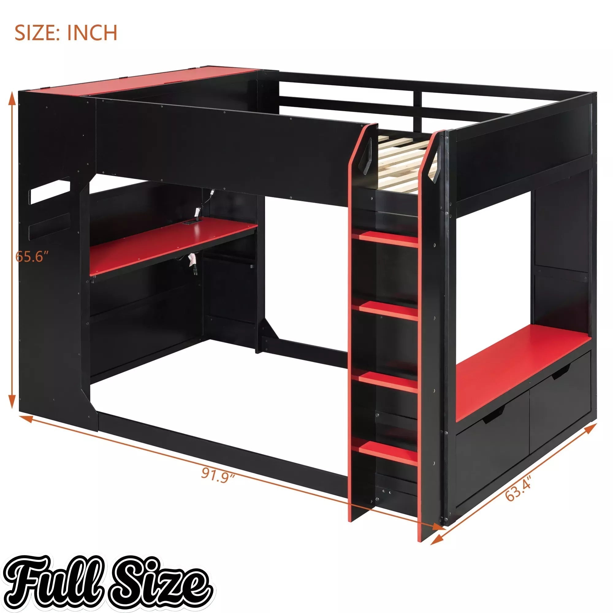 Bellemave® Full Gaming Loft Bed with Desk, Storage Drawers & LED Lights RGB, Wood Gaming Loft Bed with Storage Shelves & Ladder for Teens, Adults - Bellemave