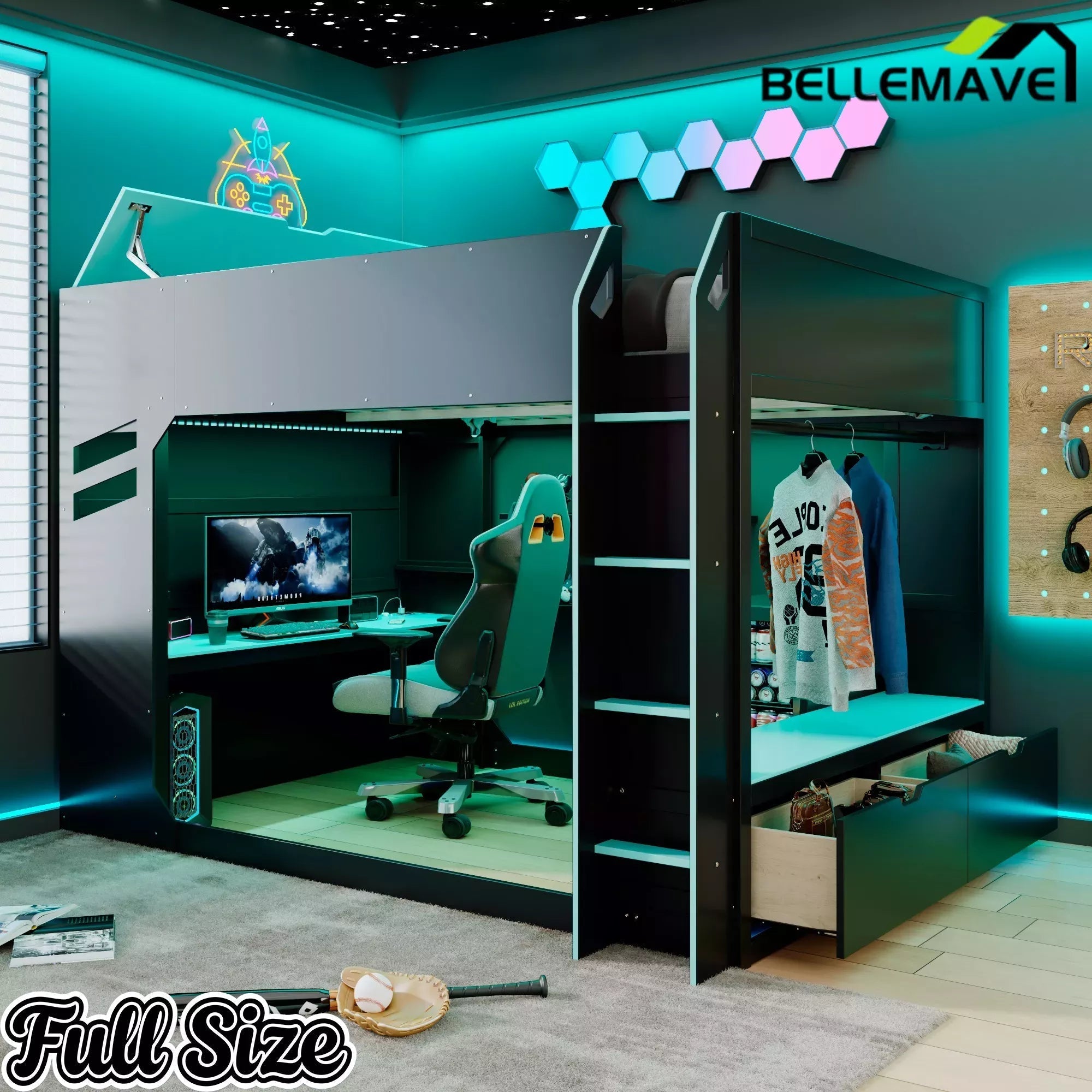 Bellemave® Full Gaming Loft Bed with Desk, Storage Drawers & LED Lights RGB, Wood Gaming Loft Bed with Storage Shelves & Ladder for Teens, Adults - Bellemave