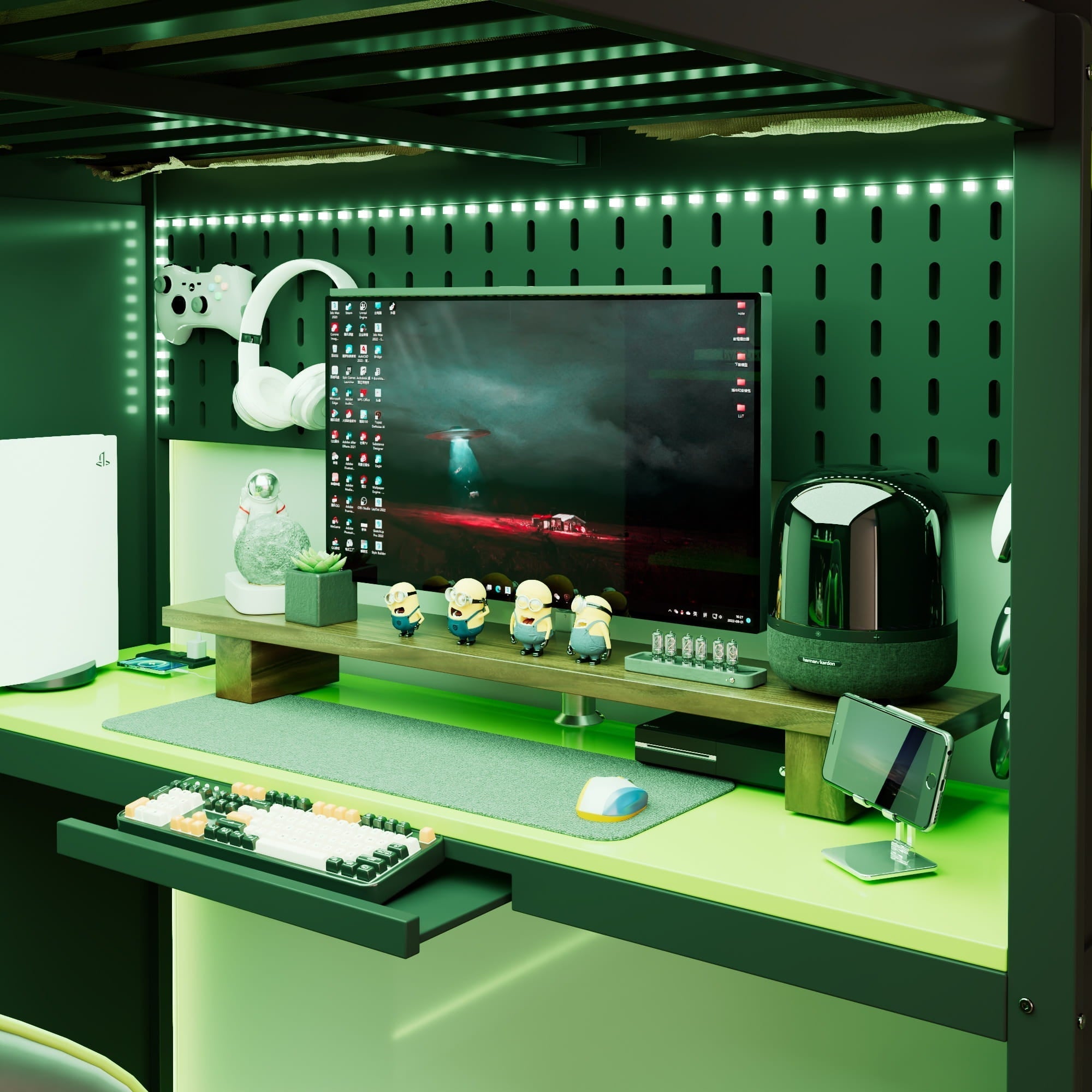 Bellemave® Full Gaming Loft Bed with Wardrobe & Desk & Charging Station & RGB Light,Wood Loft Bed Frame with Storage Shelves,Curtains & DIY Pegboard,Black Green - Bellemave