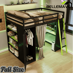 Bellemave® Full Gaming Loft Bed with Wardrobe & Desk & Charging Station & RGB Light,Wood Loft Bed Frame with Storage Shelves,Curtains & DIY Pegboard,Black Green - Bellemave