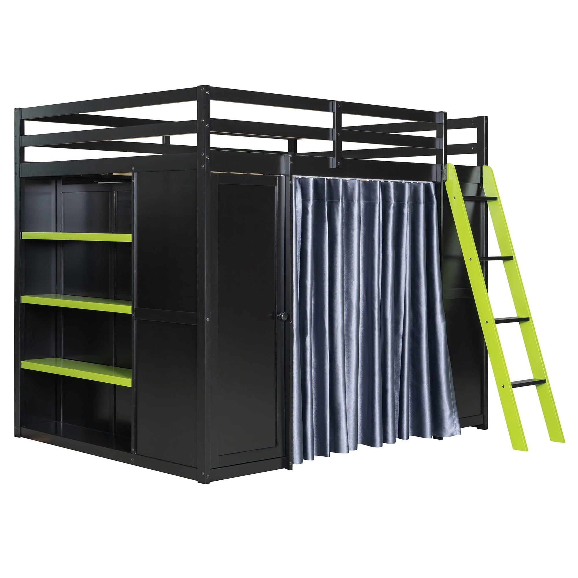 Bellemave® Full Gaming Loft Bed with Wardrobe & Desk & Charging Station & RGB Light,Wood Loft Bed Frame with Storage Shelves,Curtains & DIY Pegboard,Black Green - Bellemave