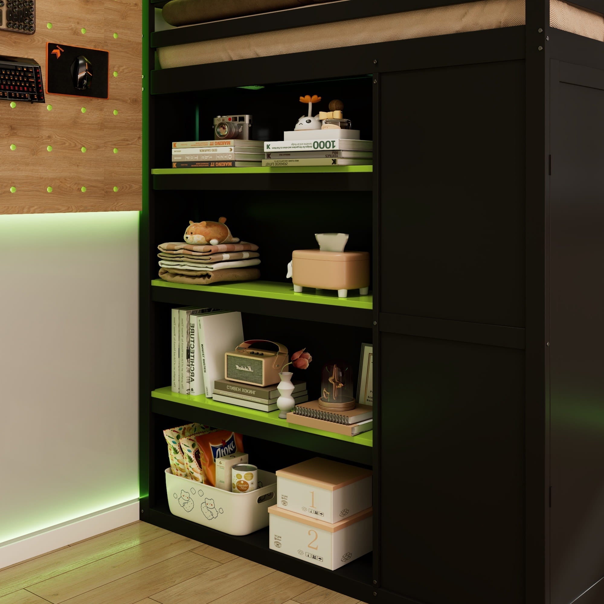 Bellemave® Full Gaming Loft Bed with Wardrobe & Desk & Charging Station & RGB Light,Wood Loft Bed Frame with Storage Shelves,Curtains & DIY Pegboard,Black Green - Bellemave