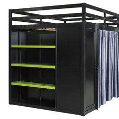Bellemave® Full Gaming Loft Bed with Wardrobe & Desk & Charging Station & RGB Light,Wood Loft Bed Frame with Storage Shelves,Curtains & DIY Pegboard,Black Green - Bellemave