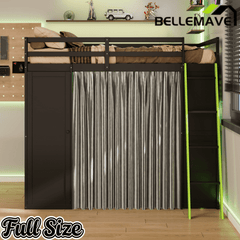 Bellemave® Full Gaming Loft Bed with Wardrobe & Desk & Charging Station & RGB Light,Wood Loft Bed Frame with Storage Shelves,Curtains & DIY Pegboard,Black Green - Bellemave