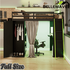 Bellemave® Full Gaming Loft Bed with Wardrobe & Desk & Charging Station & RGB Light,Wood Loft Bed Frame with Storage Shelves,Curtains & DIY Pegboard,Black Green - Bellemave