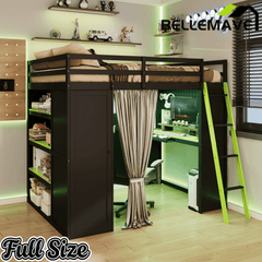Bellemave® Full Gaming Loft Bed with Wardrobe & Desk & Charging Station & RGB Light,Wood Loft Bed Frame with Storage Shelves,Curtains & DIY Pegboard,Black Green - Bellemave