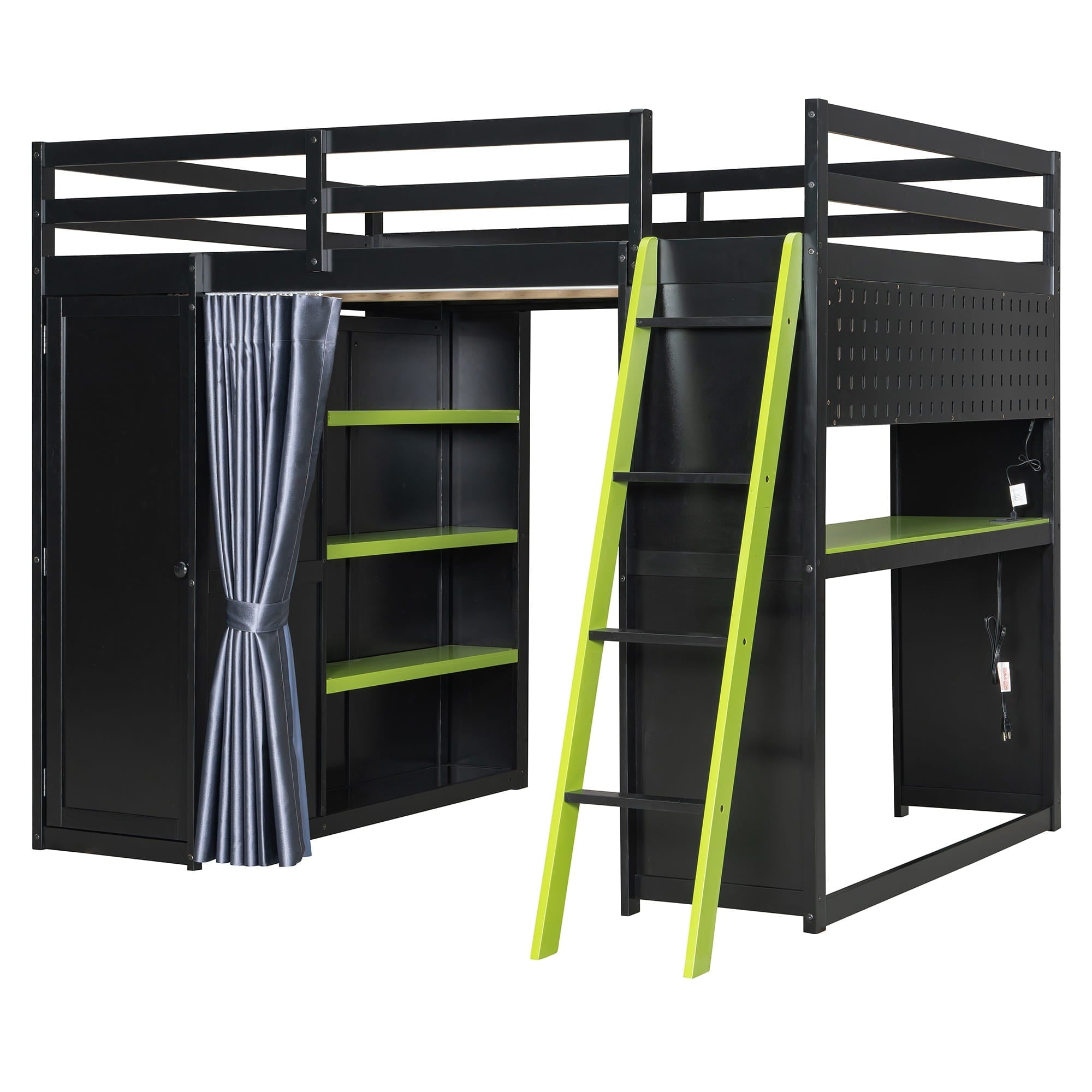 Bellemave® Full Gaming Loft Bed with Wardrobe & Desk & Charging Station & RGB Light,Wood Loft Bed Frame with Storage Shelves,Curtains & DIY Pegboard,Black Green - Bellemave