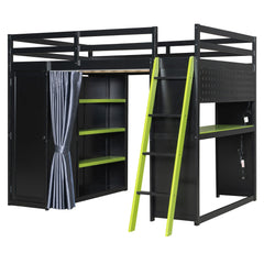 Bellemave® Full Gaming Loft Bed with Wardrobe & Desk & Charging Station & RGB Light,Wood Loft Bed Frame with Storage Shelves,Curtains & DIY Pegboard,Black Green - Bellemave