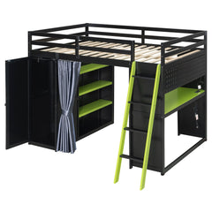 Bellemave® Full Gaming Loft Bed with Wardrobe & Desk & Charging Station & RGB Light,Wood Loft Bed Frame with Storage Shelves,Curtains & DIY Pegboard,Black Green - Bellemave