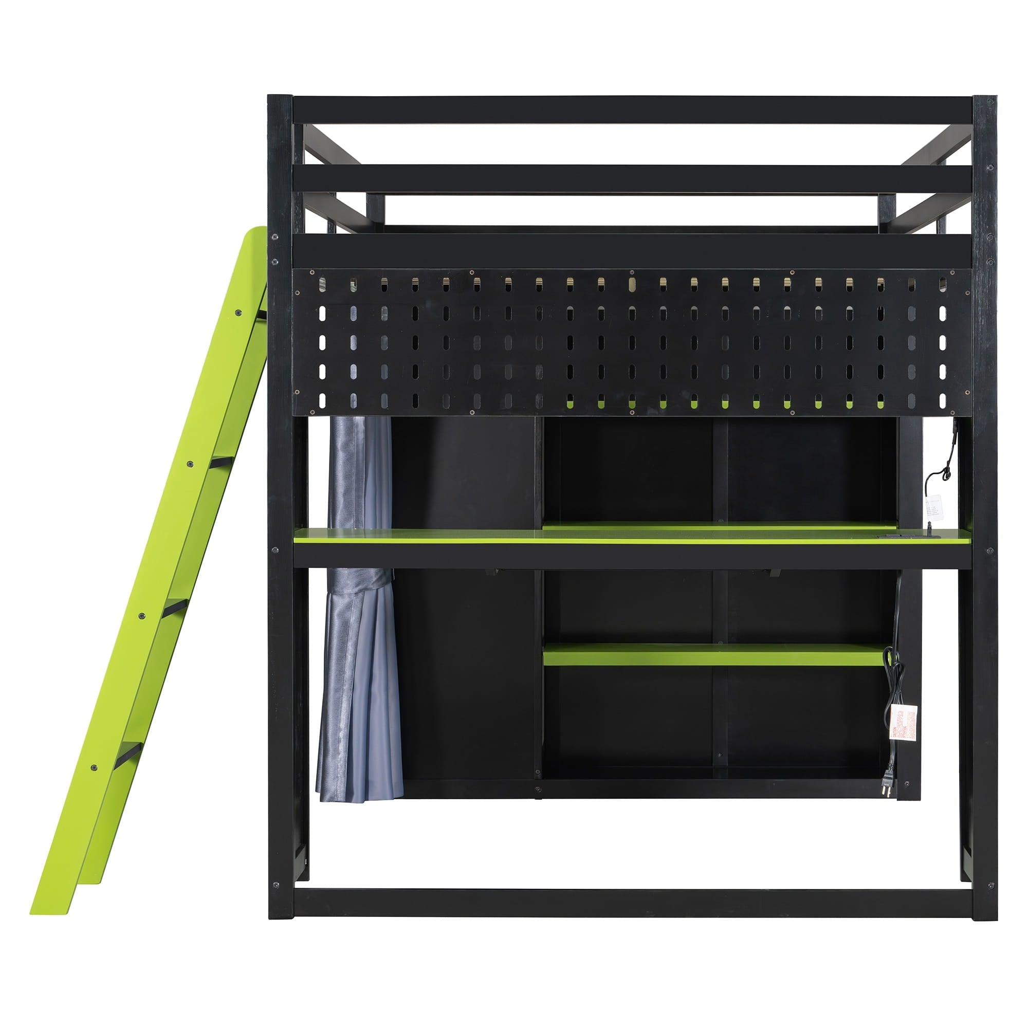 Bellemave® Full Gaming Loft Bed with Wardrobe & Desk & Charging Station & RGB Light,Wood Loft Bed Frame with Storage Shelves,Curtains & DIY Pegboard,Black Green - Bellemave