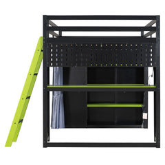 Bellemave® Full Gaming Loft Bed with Wardrobe & Desk & Charging Station & RGB Light,Wood Loft Bed Frame with Storage Shelves,Curtains & DIY Pegboard,Black Green - Bellemave