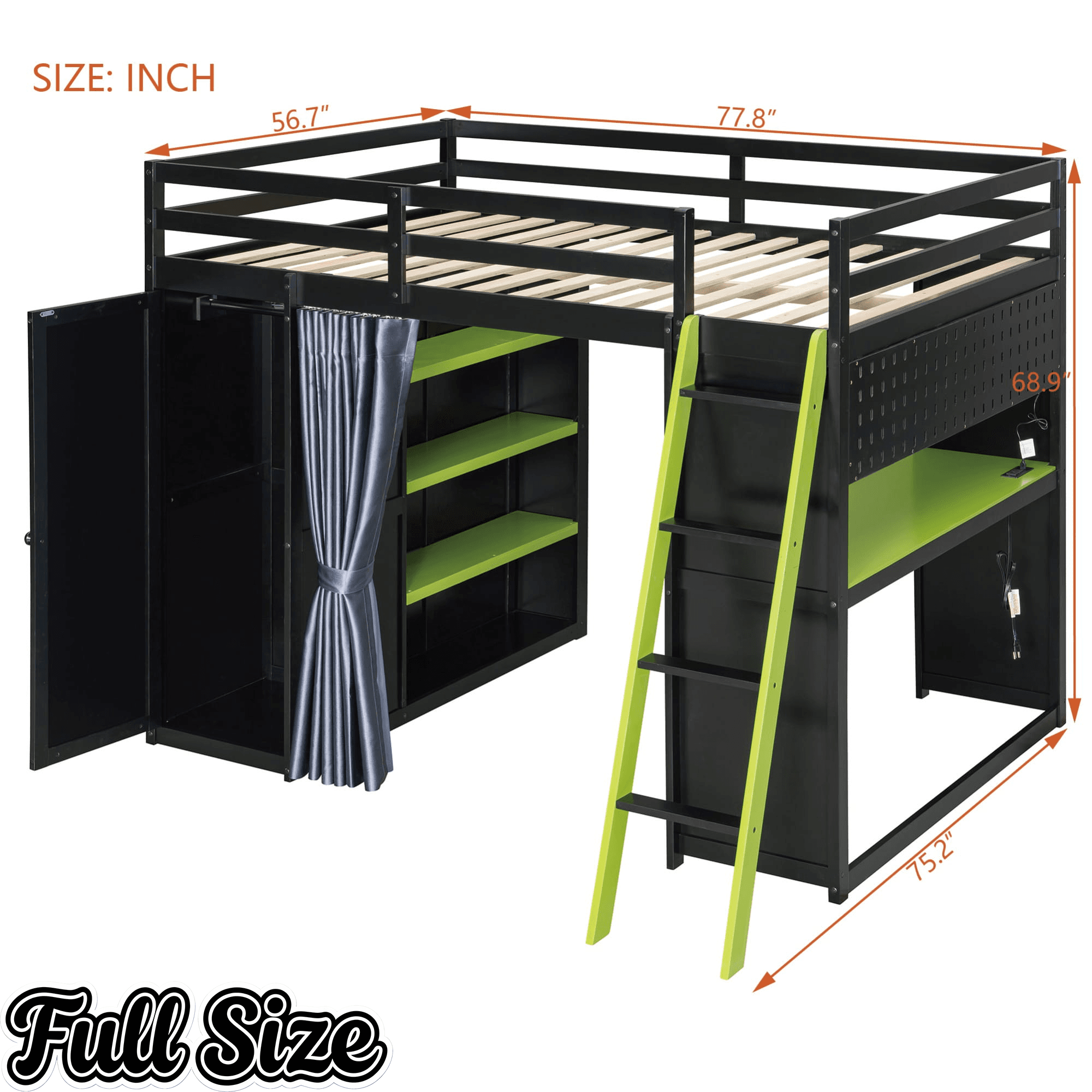 Bellemave® Full Gaming Loft Bed with Wardrobe & Desk & Charging Station & RGB Light,Wood Loft Bed Frame with Storage Shelves,Curtains & DIY Pegboard,Black Green - Bellemave