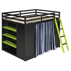 Bellemave® Full Gaming Loft Bed with Wardrobe & Desk & Charging Station & RGB Light,Wood Loft Bed Frame with Storage Shelves,Curtains & DIY Pegboard,Black Green - Bellemave