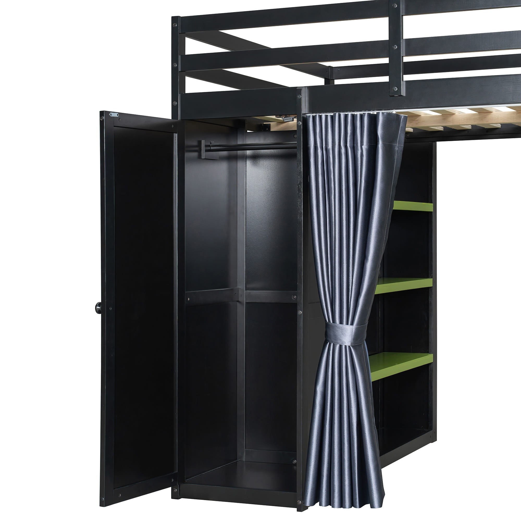 Bellemave® Full Gaming Loft Bed with Wardrobe & Desk & Charging Station & RGB Light,Wood Loft Bed Frame with Storage Shelves,Curtains & DIY Pegboard,Black Green - Bellemave
