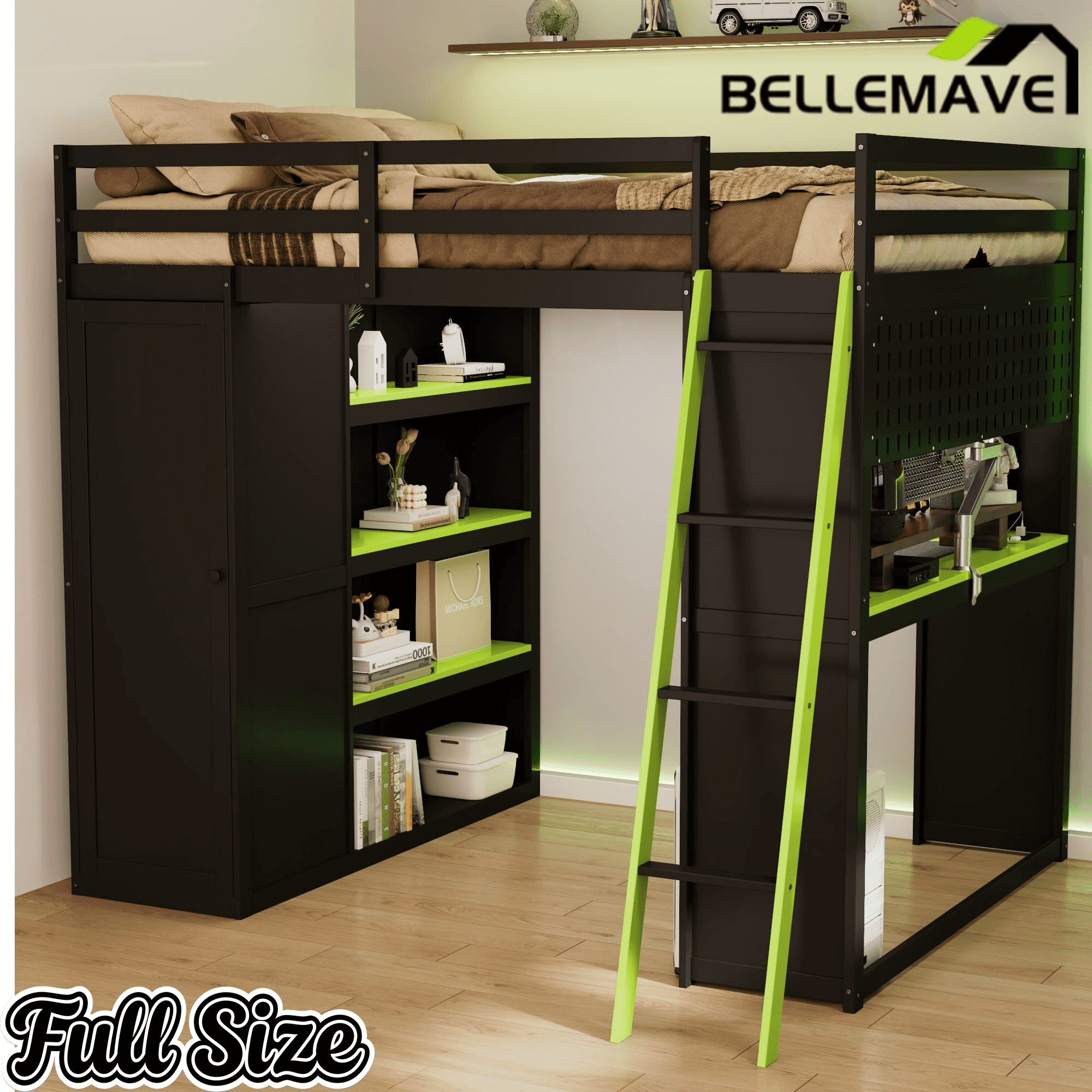 Bellemave® Full Gaming Loft Bed with Wardrobe & Desk & Charging Station & RGB Light,Wood Loft Bed Frame with Storage Shelves,Curtains & DIY Pegboard,Black Green - Bellemave