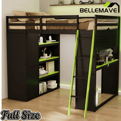 Bellemave® Full Gaming Loft Bed with Wardrobe & Desk & Charging Station & RGB Light,Wood Loft Bed Frame with Storage Shelves,Curtains & DIY Pegboard,Black Green - Bellemave