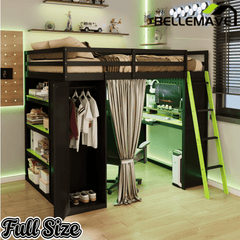 Bellemave® Full Gaming Loft Bed with Wardrobe & Desk & Charging Station & RGB Light,Wood Loft Bed Frame with Storage Shelves,Curtains & DIY Pegboard,Black Green - Bellemave