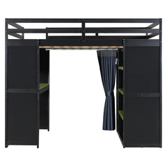 Bellemave® Full Gaming Loft Bed with Wardrobe & Desk & Charging Station & RGB Light,Wood Loft Bed Frame with Storage Shelves,Curtains & DIY Pegboard,Black Green - Bellemave