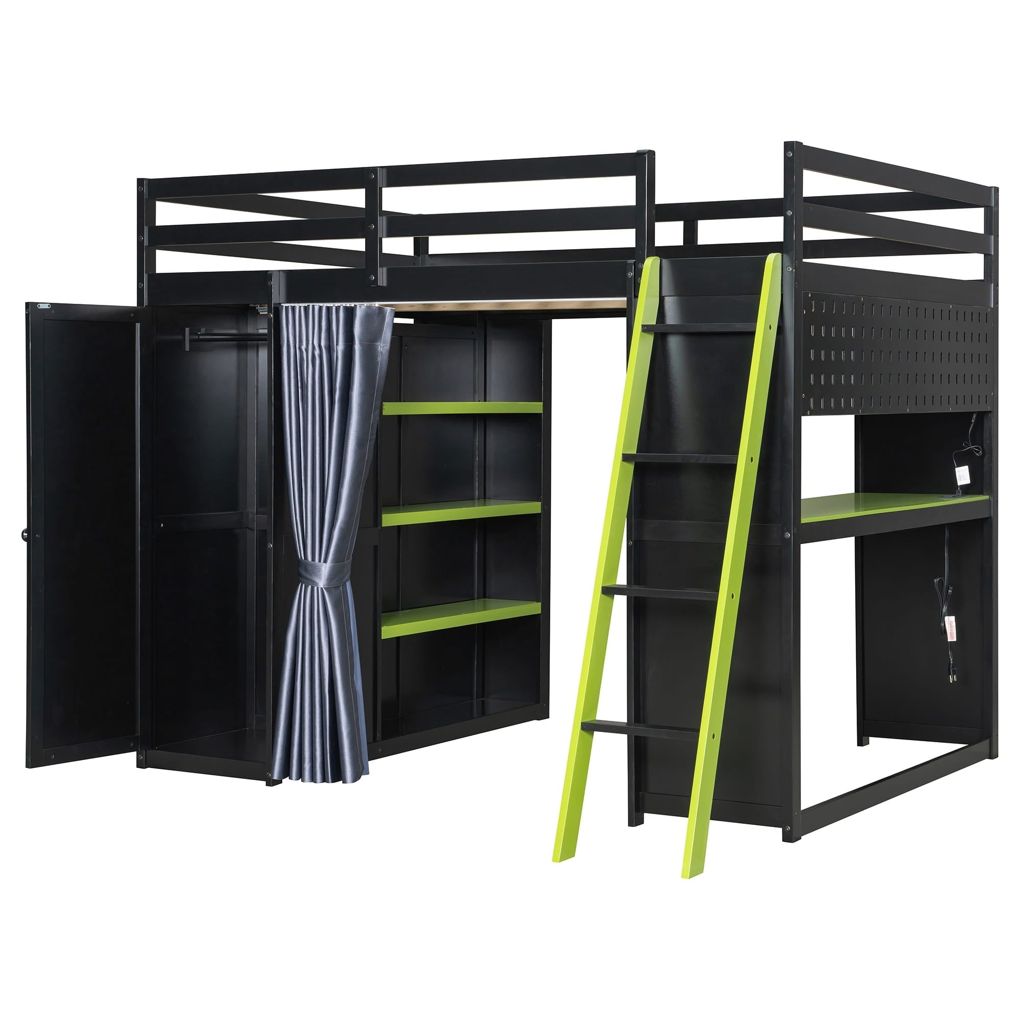 Bellemave® Full Gaming Loft Bed with Wardrobe & Desk & Charging Station & RGB Light,Wood Loft Bed Frame with Storage Shelves,Curtains & DIY Pegboard,Black Green - Bellemave
