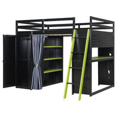 Bellemave® Full Gaming Loft Bed with Wardrobe & Desk & Charging Station & RGB Light,Wood Loft Bed Frame with Storage Shelves,Curtains & DIY Pegboard,Black Green - Bellemave