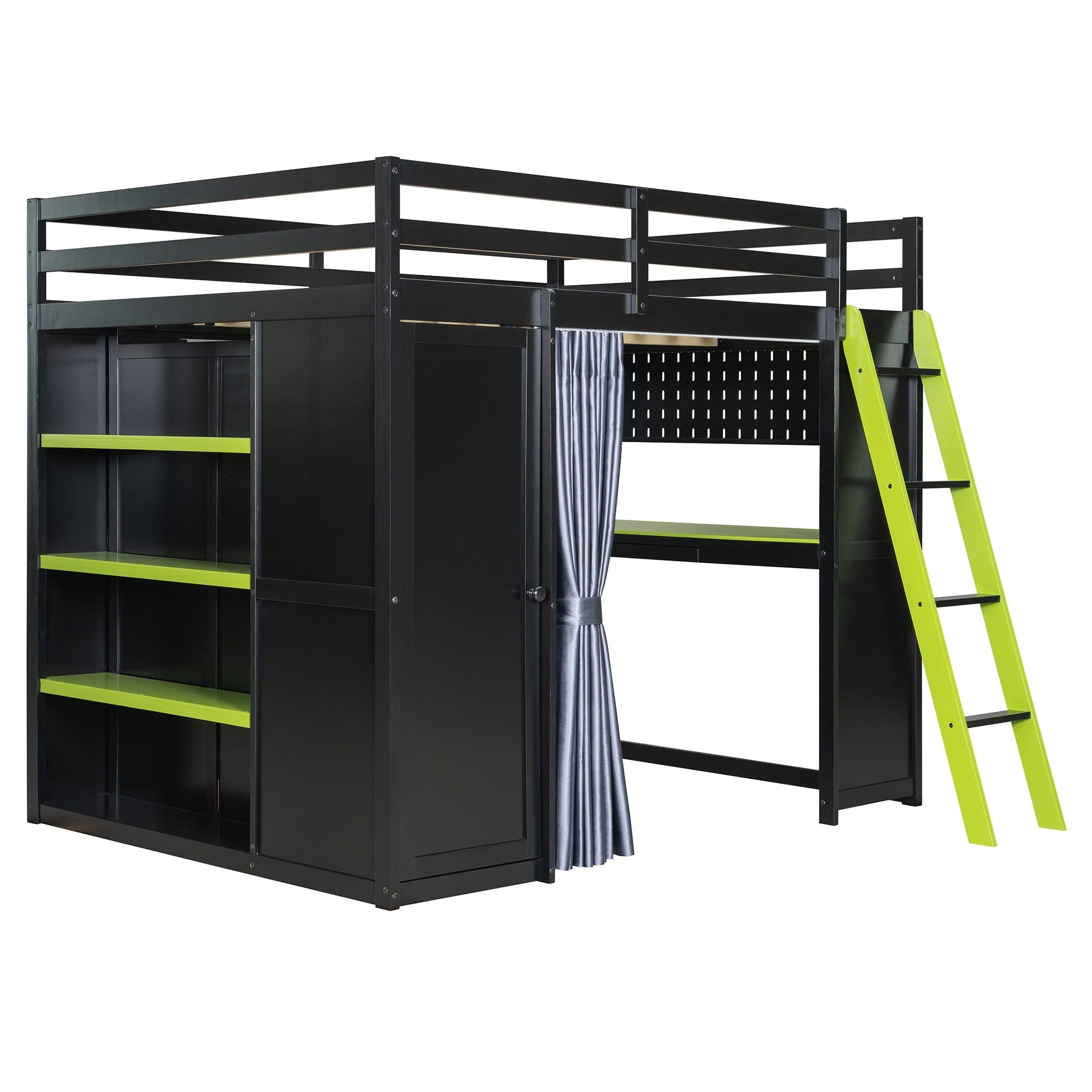 Bellemave® Full Gaming Loft Bed with Wardrobe & Desk & Charging Station & RGB Light,Wood Loft Bed Frame with Storage Shelves,Curtains & DIY Pegboard,Black Green - Bellemave