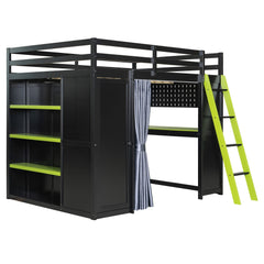 Bellemave® Full Gaming Loft Bed with Wardrobe & Desk & Charging Station & RGB Light,Wood Loft Bed Frame with Storage Shelves,Curtains & DIY Pegboard,Black Green - Bellemave