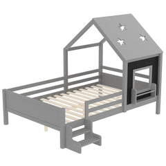 Bellemave® Full House Bed with Blackboard Window, Wood Kids Platform Bed Frame with Low - profile Stairs & Cute House Roof for Kids - Bellemave