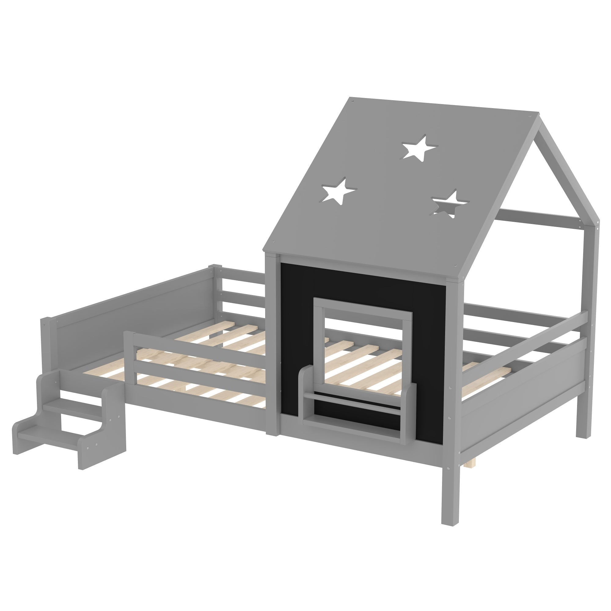 Bellemave® Full House Bed with Blackboard Window, Wood Kids Platform Bed Frame with Low - profile Stairs & Cute House Roof for Kids - Bellemave