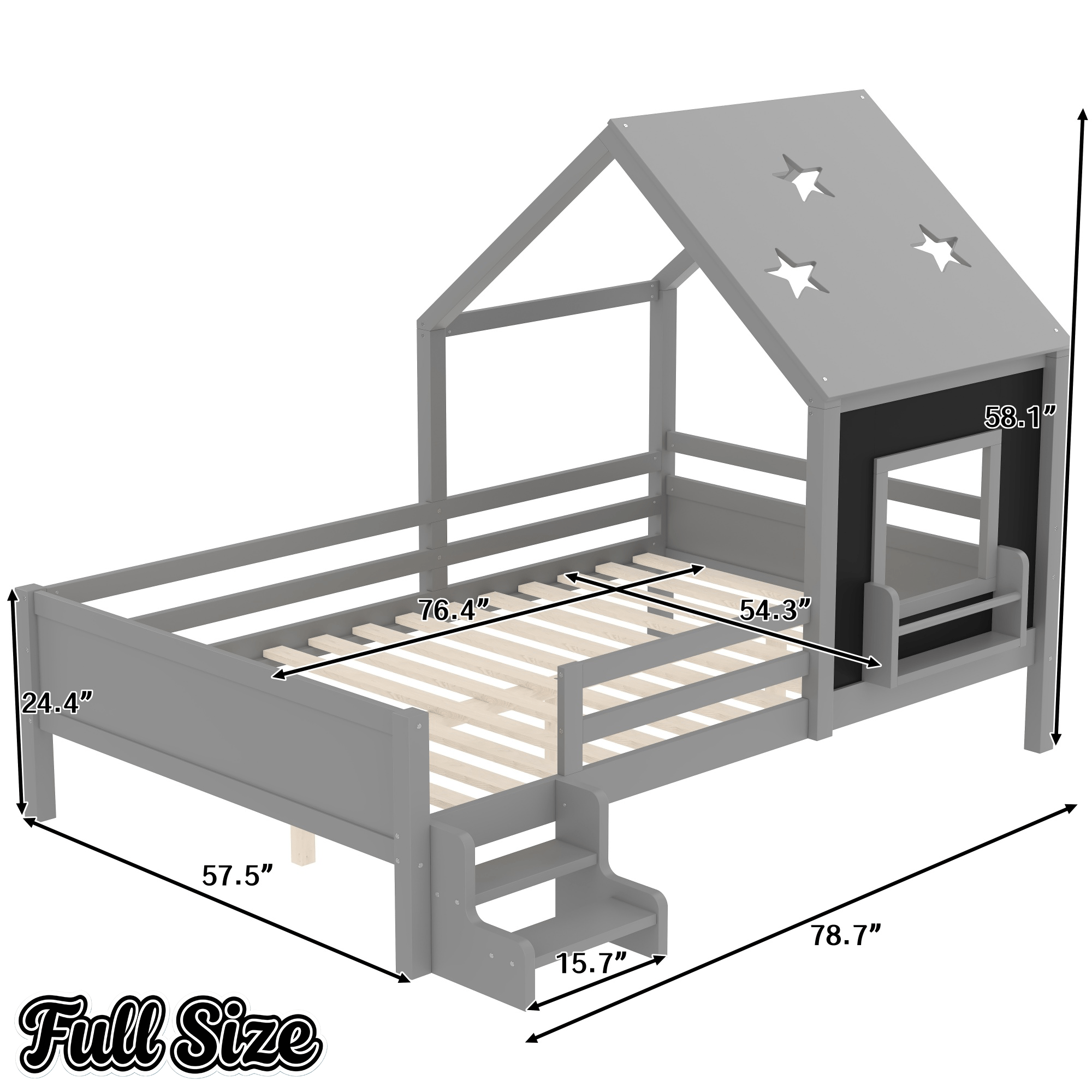 Bellemave® Full House Bed with Blackboard Window, Wood Kids Platform Bed Frame with Low - profile Stairs & Cute House Roof for Kids - Bellemave