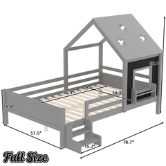Bellemave® Full House Bed with Blackboard Window, Wood Kids Platform Bed Frame with Low - profile Stairs & Cute House Roof for Kids - Bellemave