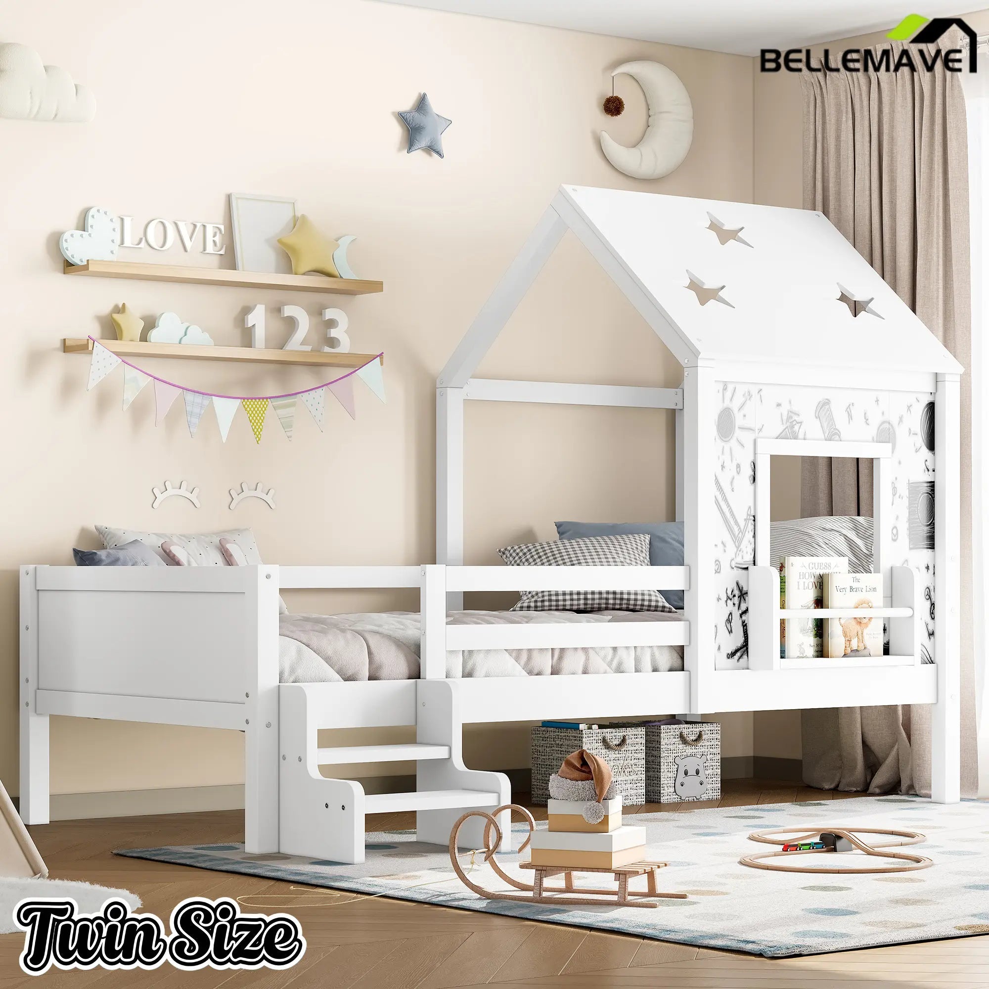 Bellemave® Full House Bed with Blackboard Window, Wood Kids Platform Bed Frame with Low - profile Stairs & Cute House Roof for Kids - Bellemave