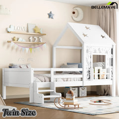 Bellemave® Full House Bed with Blackboard Window, Wood Kids Platform Bed Frame with Low - profile Stairs & Cute House Roof for Kids - Bellemave